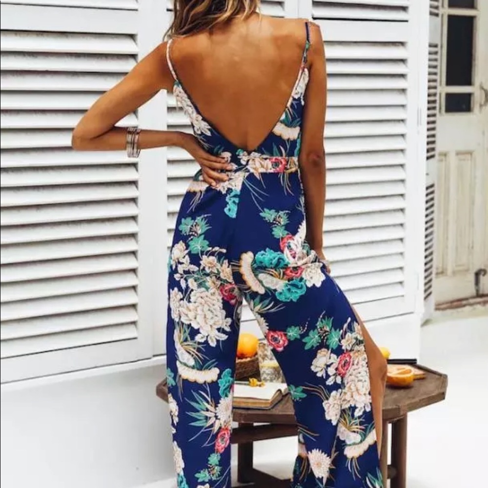 Foxy🍃Blue Floral Sexy Slit Leg Belted Jumpsuit - Picture 2 of 2